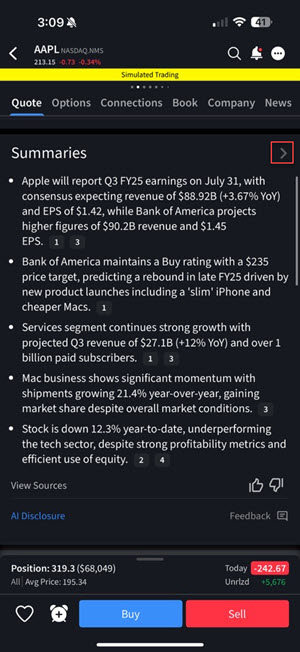 The summaries page on the iPhone